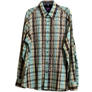 Men's Atti Shirt 2XL Plaid Flip Cuff Long Sleeve Embroidered Chest Button Down